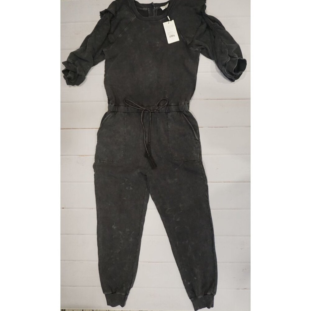 Something Navy Black Acid Wash Ruffle Sleeve Sweatshirt Jumpsuit - Size M, NWT - Picture 2 of 6